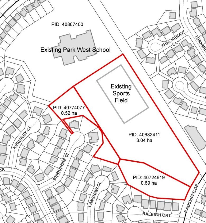 A black and grey map shows the land for sale outlined in red surrounding a large area south of Park West School