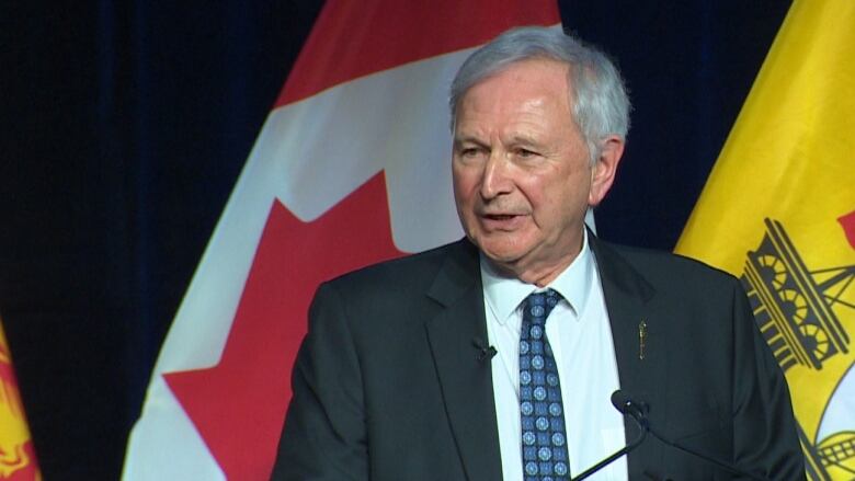 A man wearing a suit and tie speaks from a podium. Behind him are the Canadian and New Brunswick flags. 