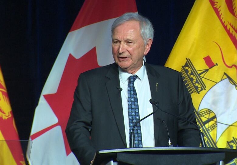 A man wearing a suit and tie speaks from a podium. Behind him are the Canadian and New Brunswick flags. 