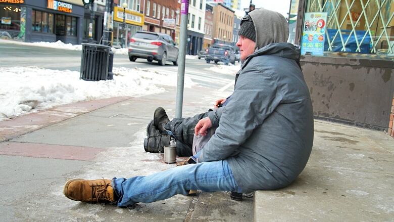 Two men sit on the sidewalk outside a convenience store. They are side-on to the camera, looking out at the road. They're wearing big coats and boots.