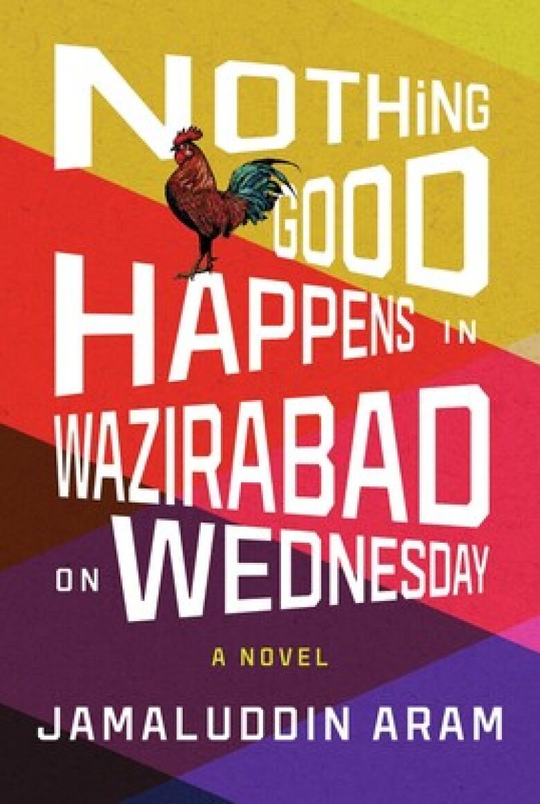 A colourful book cover with white text.