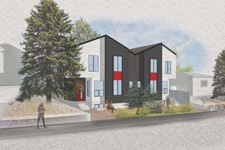 A sketch of the city's first approved H-GO District housing project. There will be two buildings with eight units.