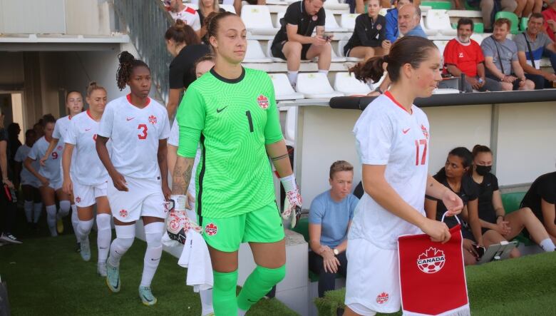 A women's soccer team walks onto the field.