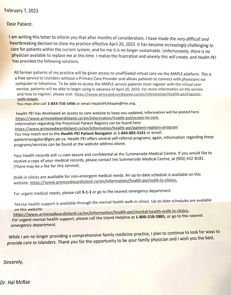 Dr. Hal McRae sent a letter to his patients saying it was 'no longer sustainable' for him to continue his family medicine practice.