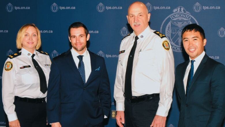 The police and their podcasters: Toronto police's former deputy chief Shawna Coxon, left, brought forward the idea for a podcast for the service. Obie & Ax Inc., run by Andy O'Brien, second from left, and Axel Villamil, right, were given a sole-source contract to produce the show. Former Chief James Ramer, third from left, extended the show despite the fact it attracts a limited audience.