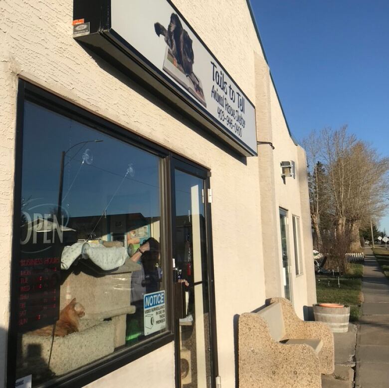 The exterior of the Tails to Tell animal rescue in Crossfield. A sign for the rescue sits above a door. A cat sits in the window.