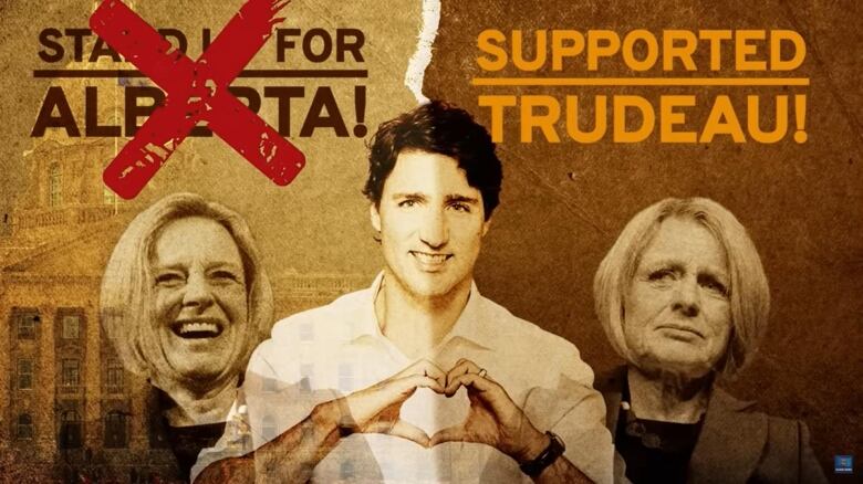 Image from a United Conservative attack ad. Two different pictures of NDP's Rachel Notley with Prime Minister Justin Trudeau making a heart symbol between them. 