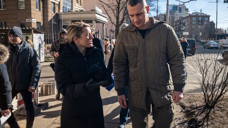 Foreign Affairs Minister Mlanie Joly walks and talks with Kyiv Mayor Vitali Klitschko on Feb. 15, 2023.