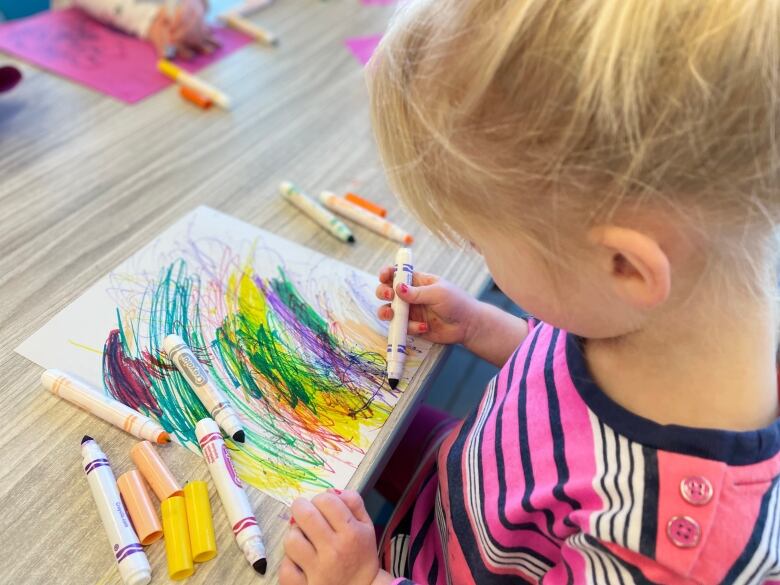 A child wearing a pink shirt scribbles on a sheet of paper with a marker in her hand.  Several other markers are on the table around the paper. 