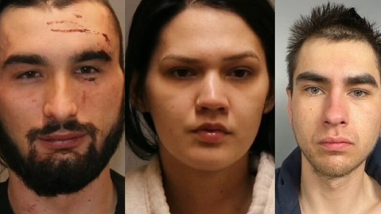 Three mugshots of two men and a woman are seen.