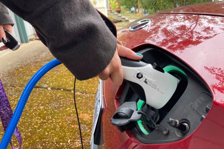 Close up of a hand holding an electric vehicle charging cord plugging it into a car's charging port.