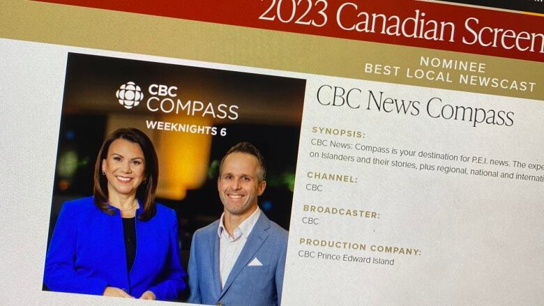 Computer screen showing Louise Martin and Jay Scotland under a Canadian Screen Award nomination banner. 