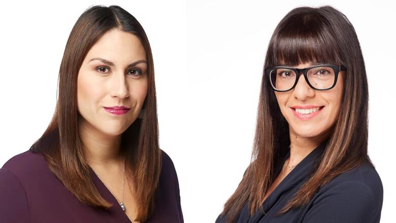 A side-by-side photo of two women. One, at left, has long brown hair and wears a maroon-coloured shirt. The one at right has glasses and long brown hair and a navy-coloured shirt.