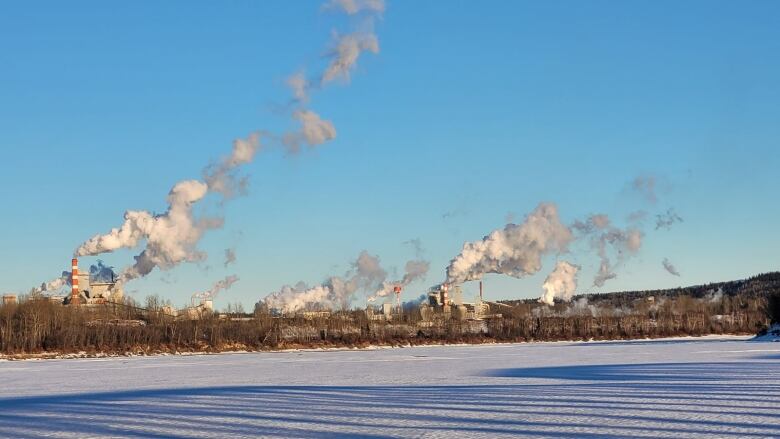 The pulp mill in Prince George and the frozen Nechako River in February 2023