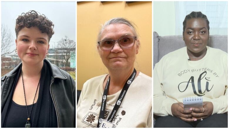 Three pictures side by side of three woman. One is a young woman with short hair, the person in the middle is elderly with glasses and the person on the right is sitting on a couch holding a notepad.