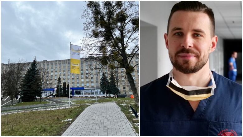 On the left, the building housing the Unbroken National Rehabilitation Center in Lviv. On the right, Dr. Hnat Herych, the project's head of surgery.