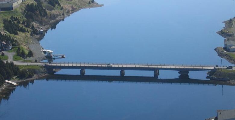 A birds-eye-view photograph of a bridge that stands over water.