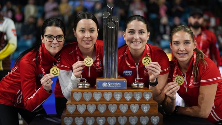 Four female curlers hold gold medals in their hands while posing behind a trophy.