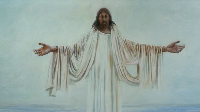 A painting depicts Jesus wearing a white robe with his arms held out at his sides.