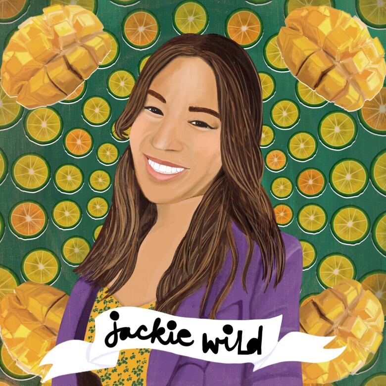 Illustrated portrait of Jackie Wild, a woman wearing a purple blazer and yellow top underneath. She is smiling and has long, brown hair. The background has four chopped mangos and a bunch of slices of lemons and oranges.