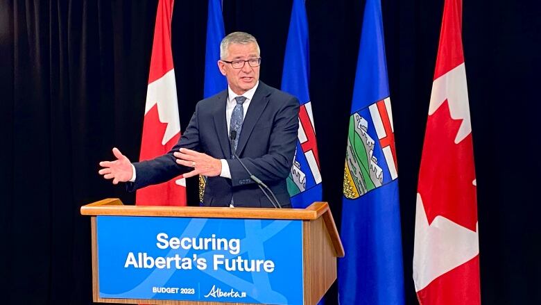 Finance Minister Travis Toews gestures with both hands as he speaks at a news conference about Alberta's new budget.