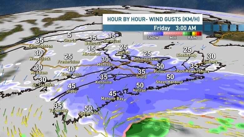 Steady snow continues throughout Thursday night in Nova Scotia and will being to taper off in New Brunswick.