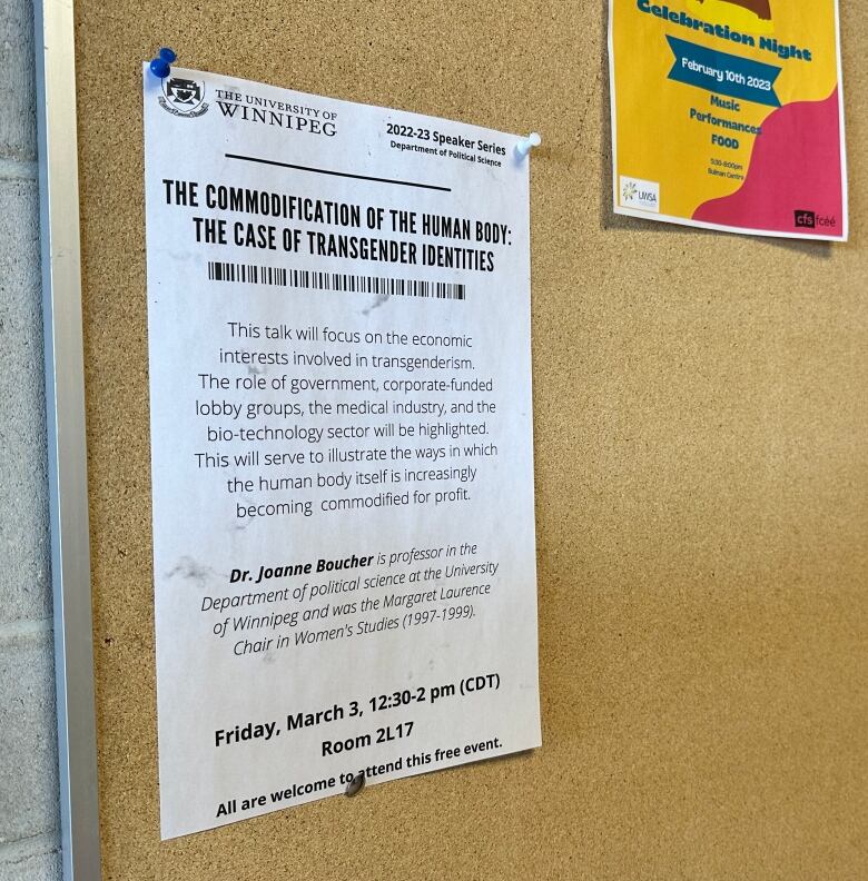 A copy of the poster for the lecture at the University of Winnipeg states: 'This talk will focus on the economic interests involved in transgenderism.'