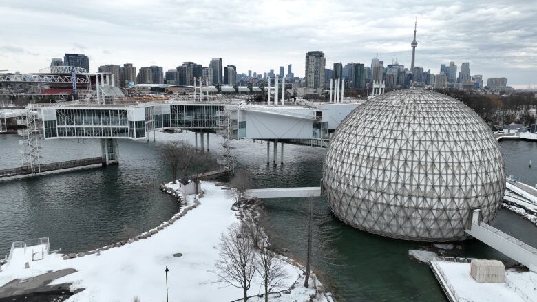 An aerial shot of Ontario Place and the Ontario Place Marina, with the Toronto skyline in the background. A winter storm storm is forecasted to hit the city Friday night. 