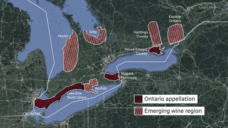 Map of Ontario showing existing wine appellations and emerging wine regions