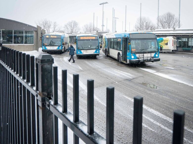 A fleet of parked STM buses at a station. 