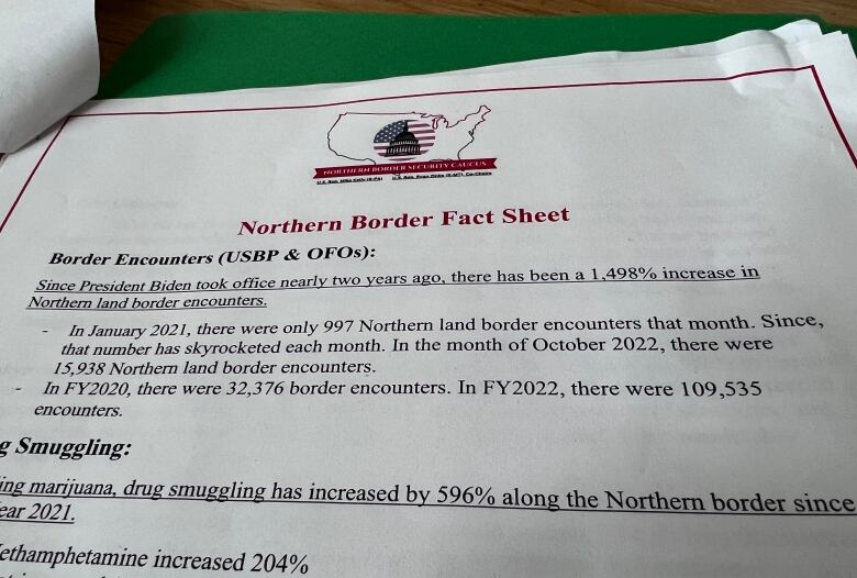 A sheet showing numbers, such as a 1,498% increase in border encounters since January 2021.