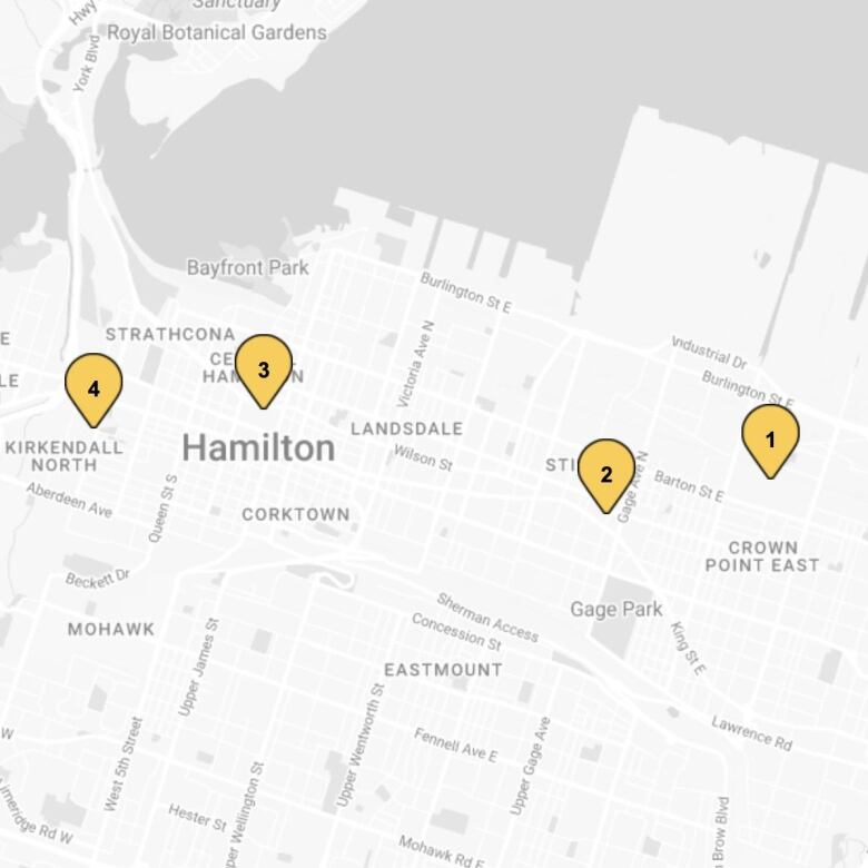 A map of Hamilton with four points.