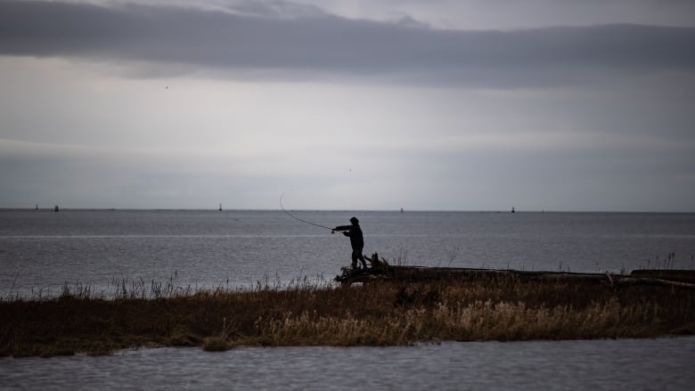 A person is silhouetted against a sunset while casting a fishing line into the water at the mouth of the Fraser River, in Richmond, B.C., 