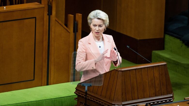 President of the European Commission, Ursula von der Leyen, addresses the House of Commons on Parliament Hill in Ottawa, on Tuesday, March 7, 2023.