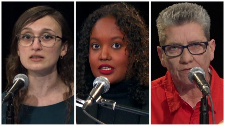 A collage of three people speaking into microphones.