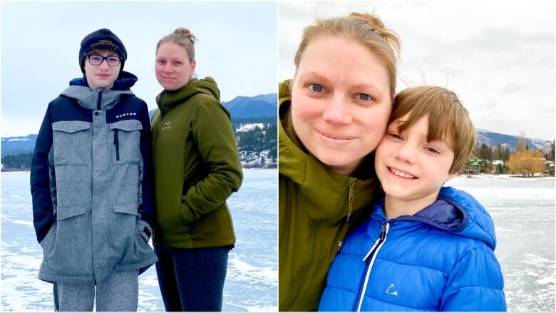 A collage. To the left, a mom and her 13-year-old son pose in the mountains. To the right, the same mom and her eight-year-old son in the mountains.