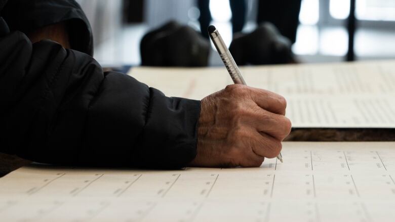 A hand holding a pen reading 