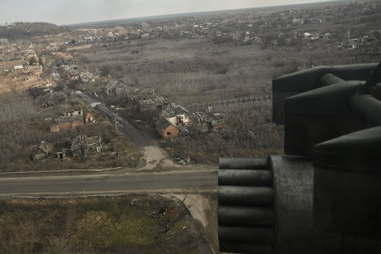 A view from a helicopter gives a glimpse of a destroyed village in eastern Ukraine.