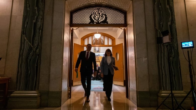 Premier of Saskatchewan Scott Moe and  Leader of the Opposition Carla Beck walk out of the chamber after the speech from the throne last fall. The two leaders are starting to lay the groundwork for their pitch to voters in the fall of 2024.