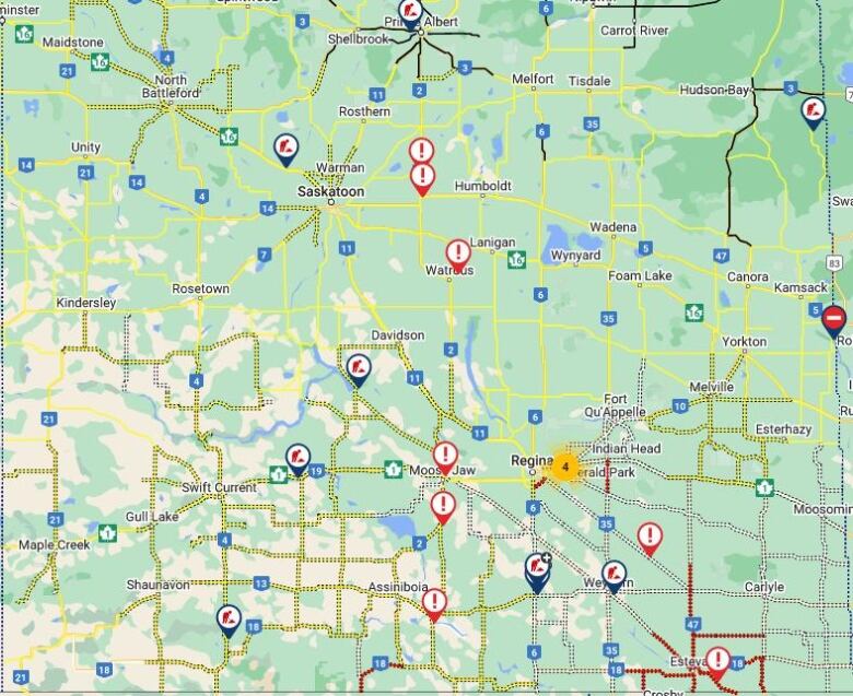 A map shows roads affected by a winter storm in Saskatchewan.