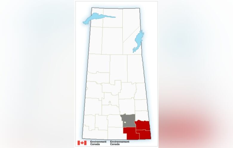 A map of Saskatchewan shows the southern area of the province coloured in bright red, indicating weather warnings.