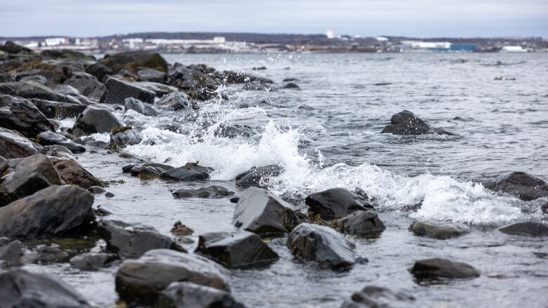 Waves crash against the rocks along a shoreline.