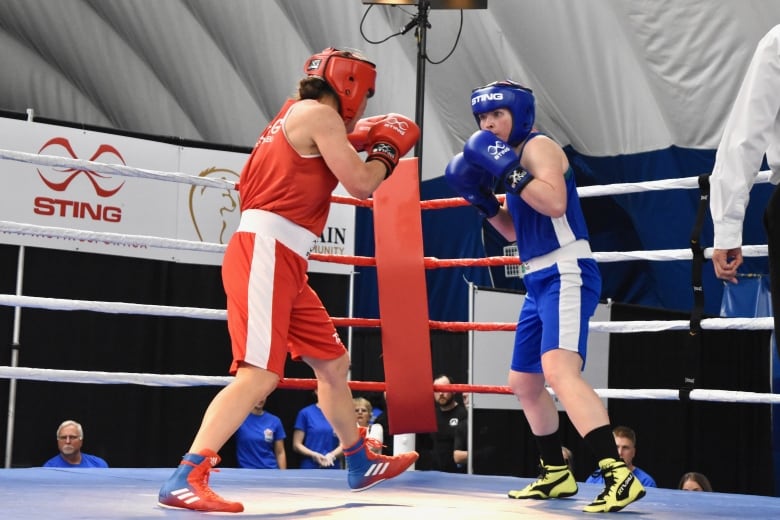 Two boxers in a ring, one in red and the other in blue.