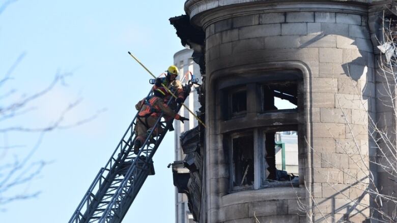 Firefighters search building.