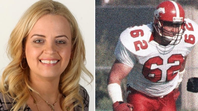 Portrait photo of Vicki Hall and photo of Lloyd Fairbanks playing football.