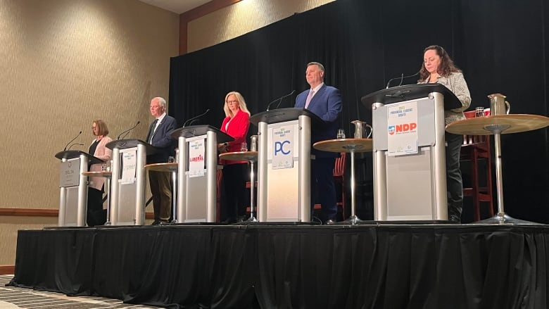 Five people stand behind podiums in a stage with black curtains behind them. Four of the podiums have the logos of the provincial parties.