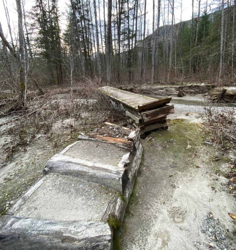 A damaged boardwalk is seen beside a river in a forest.