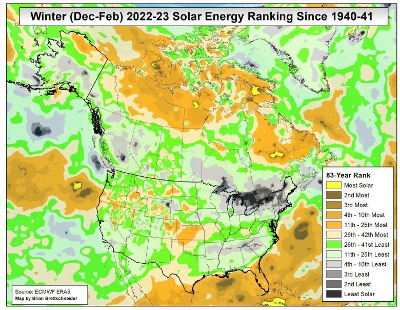 A map showing solar energy in North America during the winter.`