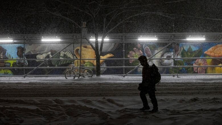 A person walks through a snowstorm at night. 