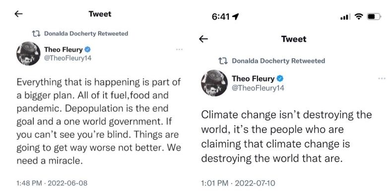 Two tweets by former NHL player Theo Fleury that PC candidate Donald Docherty shared in mid-2022. 